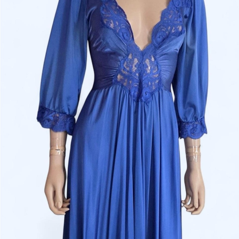 Vintage Olga Cobalt Blue Princess Cut Lace Nightgown Maxi Long Sleeve M